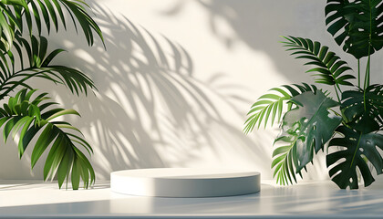Minimal podium abstract background for product presentation. Leaf shadow on white plaster wall. 3d render. Spring and summer