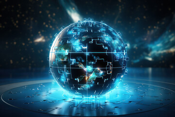 Glowing puzzle pieces coming together to form a digital globe, illustrating the integration and unity of the global online community. Concept of digital unity. Generative Ai.