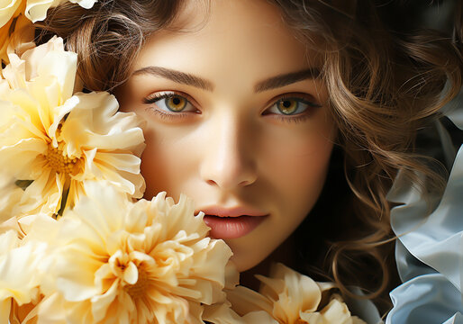 Woman surrounded by flowers. Serenity and tranquility. Woman's Day. Tradition and culture. AI generated