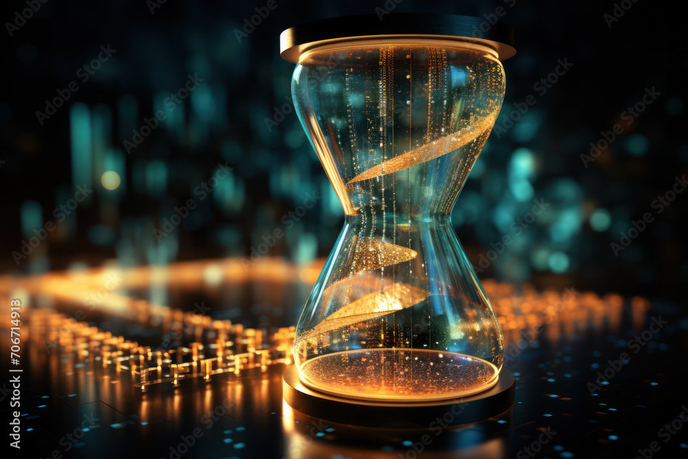 Poster a digital hourglass with bits and bytes flowing through, representing the transient nature of online