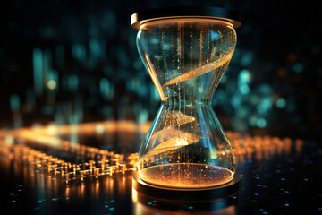 A digital hourglass with bits and bytes flowing through, representing the transient nature of online information and content. Concept of digital time. Generative Ai.