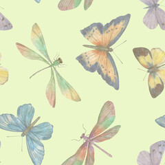 seamless pattern of colorful butterflies and dragonflies on a light green background