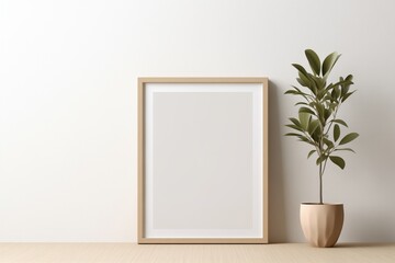 Fototapeta na wymiar Blank Poster Frame on White Wooden Wall in Minimalist Room with Empty Space