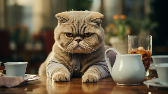 A disgruntled cat sitting at a table like a human