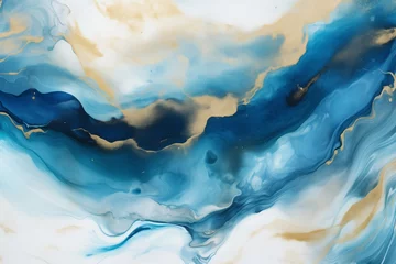 Papier Peint photo Cristaux Blue and Gold Marble Swirls, Elegant Oceanic Pattern for Luxury Background Design