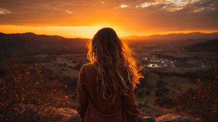 Fototapeta premium The girl sitting on a high place, facing the mountains, the sunset