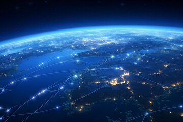 Earth from Space, Global Communication Concept Illustrated with Crossed Communication Lines Across the Globe