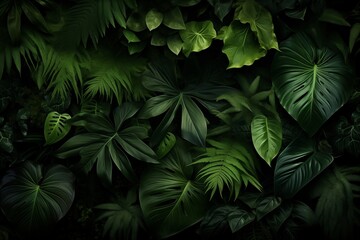 Fototapeta na wymiar Exotic Plants Wall Art, Forest Background with Stacked Leaves on Black, Nature Image of Beautiful Foliage Above