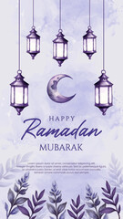 Happy ramadan mubarak watercolor art greeting card vector illustration template