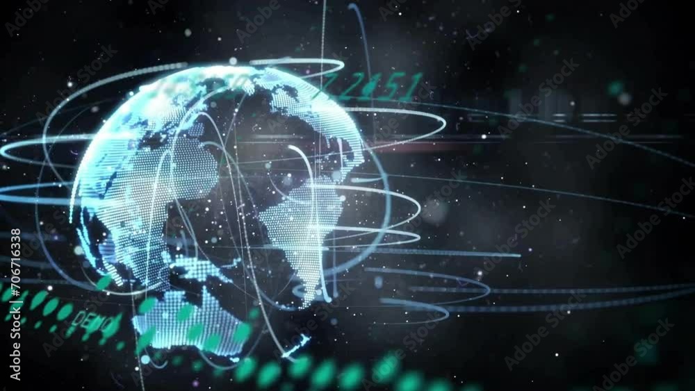 Poster animation of globe with data processing on black background