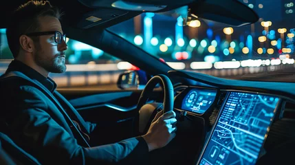 Foto op Plexiglas Man drives a high-tech car with touch screens through the city streets © Emiliia
