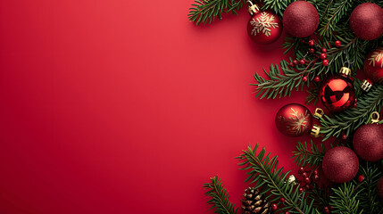 Christmas background, elegant christmas card or banner with baubles, pine and ornaments on red background, blank space for text