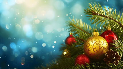 Christmas background or banner with ornaments and sparkling bokeh lights on blue background, close up of decorated christmas tree