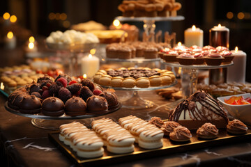 A dessert buffet display at a hotel event, featuring an array of decadent sweets for guests to enjoy. Concept of indulgent culinary offerings. Generative Ai. - obrazy, fototapety, plakaty