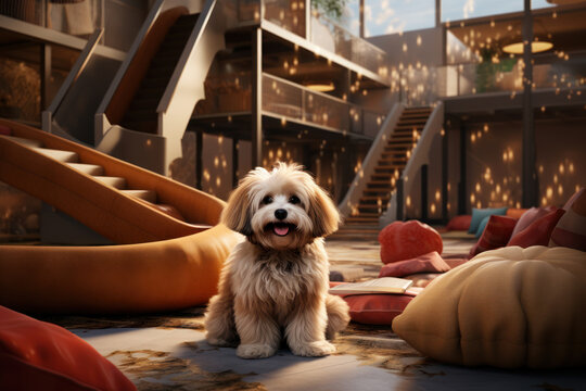 A hotel's pet-friendly policy highlighted by a designated play area and amenities for furry companions. Concept of pet-friendly accommodations. Generative Ai.