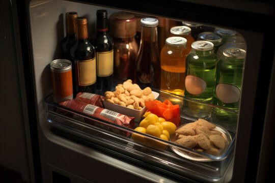 A well-stocked minibar in a hotel room, offering a selection of beverages and snacks for guests' convenience. Concept of in-room refreshments. Generative Ai.