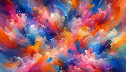 Poster A colorful abstract background composed of vibrant brush strokes and a mix of colors like blues, reds, yellows, and greens, with the brush strokes creating a lively and expressive texture. © Background Hub