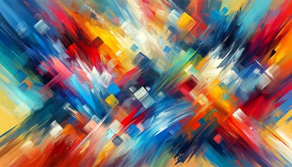 Foto op Plexiglas A colorful abstract background composed of vibrant brush strokes and a mix of colors like blues, reds, yellows, and greens, with the brush strokes creating a lively and expressive texture. © Background Hub