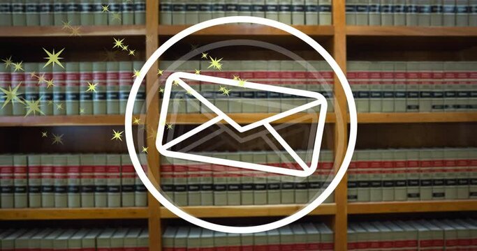 Animation of stars and envelope icon over books on shelves in library