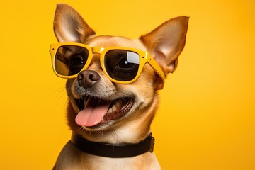 adorable smiling chihuahua dog in yellow sunglasses on a bright yellow background