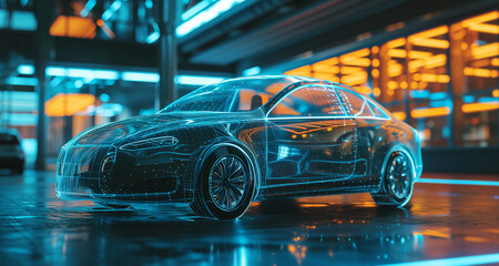 Fototapeta premium High-tech lab developing future machines with holographic architectural models