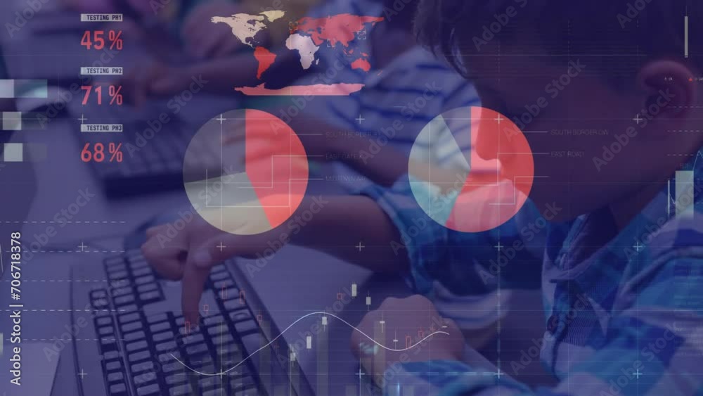 Poster animation of financial data processing over diverse schoolchildren using computers
