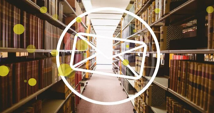 Animation of spots and envelope icon over books on shelves in library