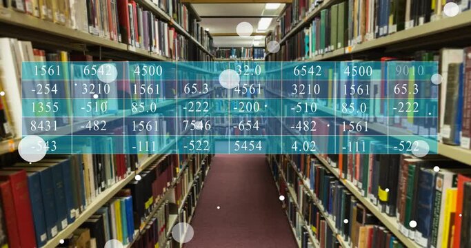 Animation of spots and data processing over books on shelves in library