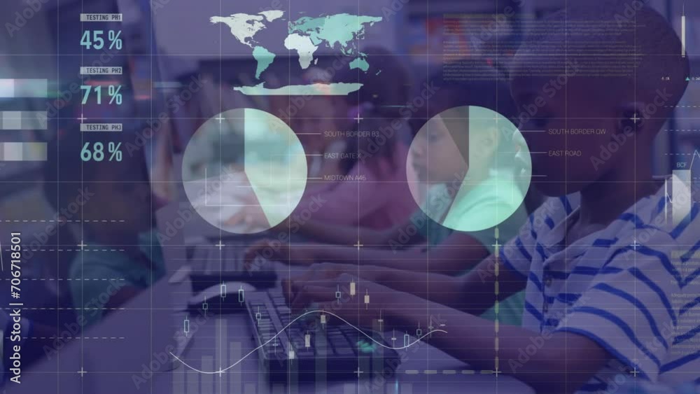 Poster animation of financial data processing over diverse schoolchildren using computers
