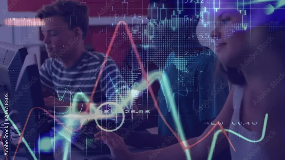 Poster animation of financial data processing over diverse students using computers