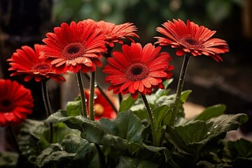 Stunning red gerbera flowers blooming in a garden during summer or autumn. Generative AI