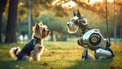 Rencontre entre un chien et un chien robot - obrazy, fototapety, plakaty