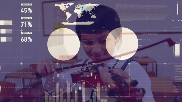 Animation of financial data processing over biracial schoolboy playing violin