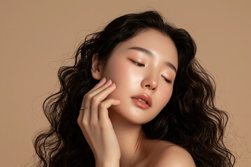 Elegant Young Asian Woman with Curly Hair and Korean Makeup Style Touching Her Perfect Skin on Beige Background