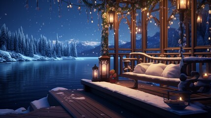 Fantastic winter lighting house snowy lake water picture  - obrazy, fototapety, plakaty