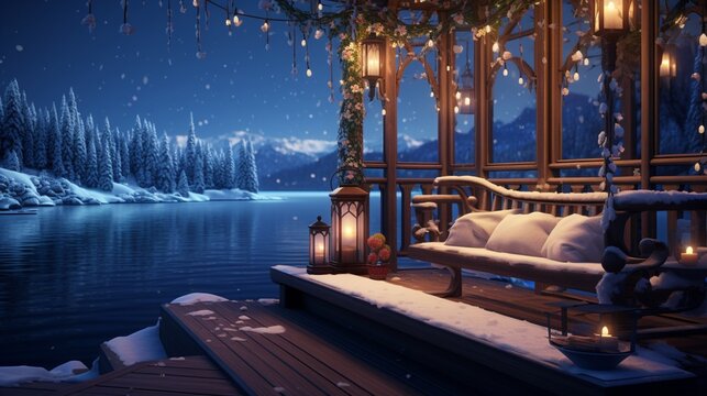 Fantastic winter lighting house snowy lake water picture 