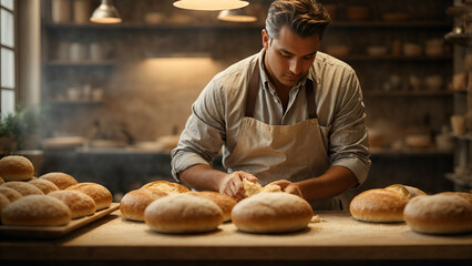 Male baker baking bread , Bakery worker