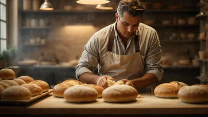Foto auf Acrylglas Brot Male baker baking bread , Bakery worker