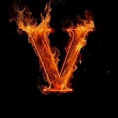 Alphabet letter V with fire on a black background