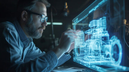 Building the future: Engineer works with hologram of mechanical parts