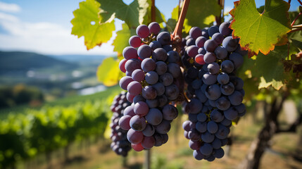 Bunches of ripe fresh grape on the grapevine, soft focus background