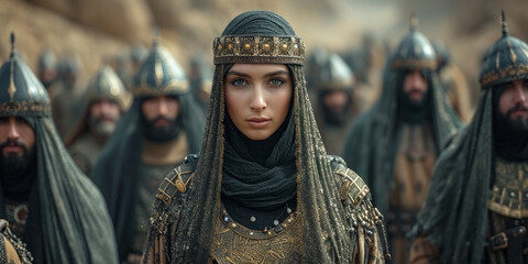 Beautiful Turkish/Ottoman female warrior commander with army on battlefield. - obrazy, fototapety, plakaty
