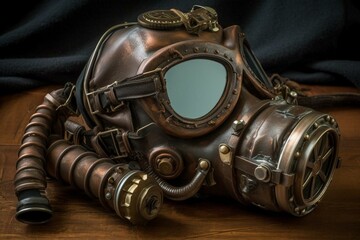 Steampunk gas mask with filters and hoses. Generative AI