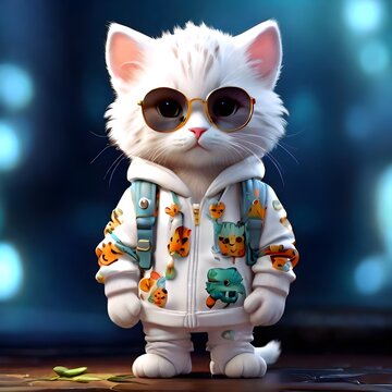 cute and adorable cartoon white cat wearing a funny hoodie and silver sunglasses