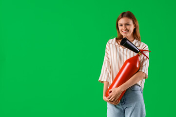 Portrait of young woman with fire extinguisher on green background