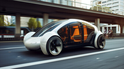 Modern urban transport: Autonomous car takes passenger to city spot, high-tech ride