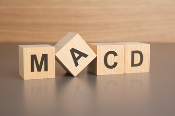 four wooden cubes with the letters MACD on the bright surface of a brown table, business concept