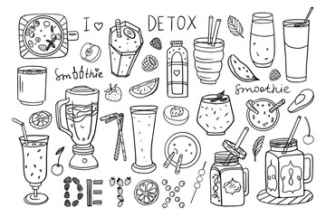 Set of smoothies, yougurt and glasses of different sizes and shapes in doodle style. Detox. Healthy drinks. Hand drawn. Great for bar menu, banner, advertising 