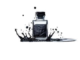 a glass bottle with a black liquid splashing out of it