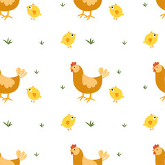 Seamless pattern with chicken, hen and chick. Spring, summer motif. Vector illustration, cartoon, flat style. 
